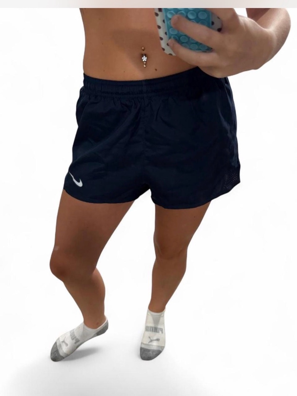 Nike Women’s Small Navy Blue Athletic Running Shorts with White Swoosh